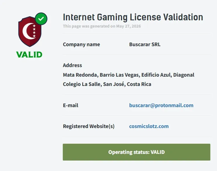 CosmicSlotz Casino Licence